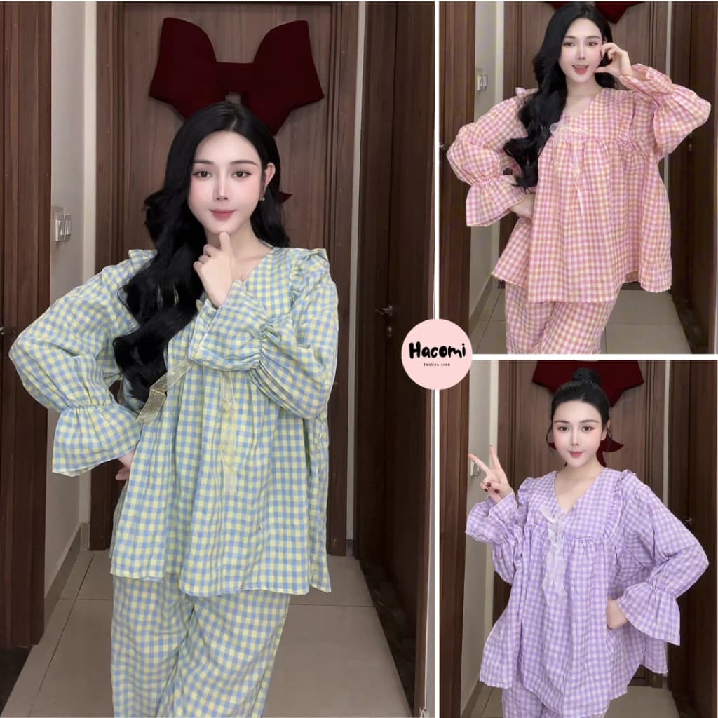 Set bộ áo babydoll quần dài áo dài gắn nơ tiểu thư bánh bèo, set babydoll tiểu thư sang chảnh mặc nhà