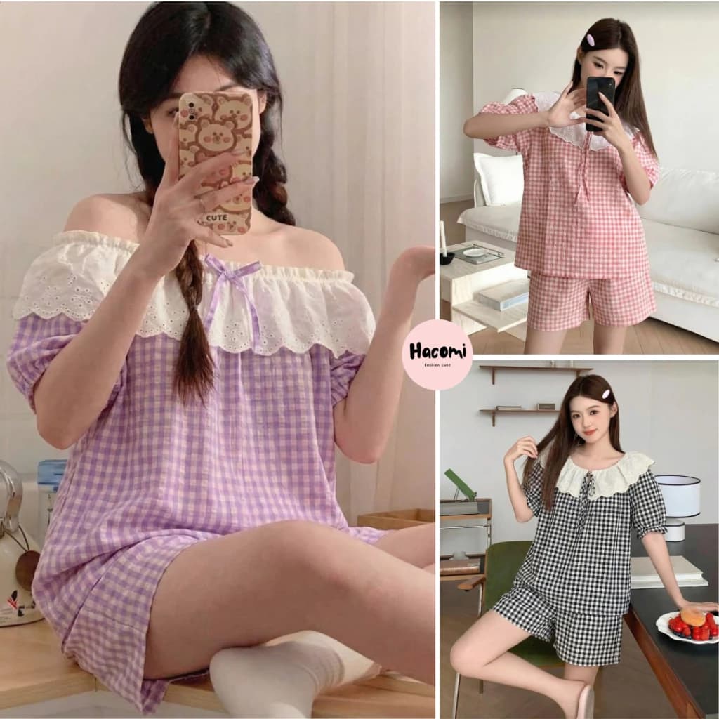 Đồ bộ nữ, bộ pizama nữ thiết kế cổ phối ren màu caro chất mềm mát siêu xinh B12DUI