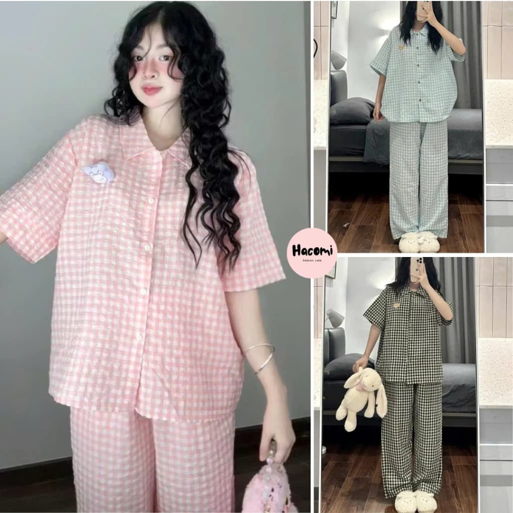 Bộ pijama kẻ caro Cộc Dài nhiều màu chất đũi họa tiết dễ thương phong cách Hàn Quốc