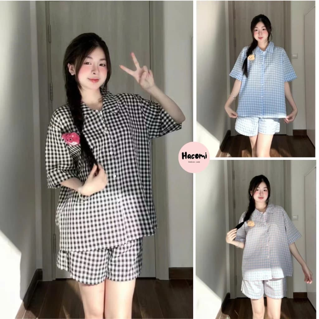 Bộ pijama kẻ caro nhiều màu chất đũi họa tiết dễ thương phong cách hàn quốc siêu hot