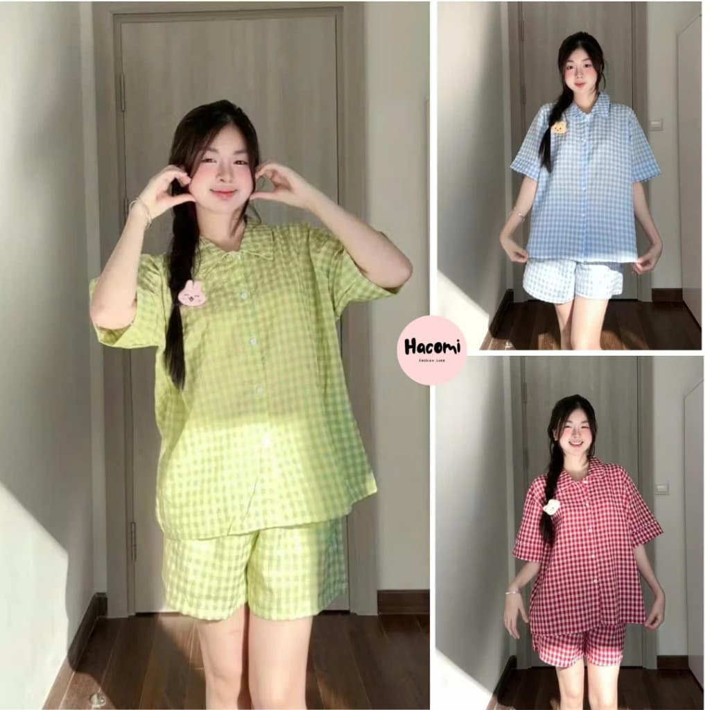 Bộ pijama kẻ caro nhiều màu chất đũi họa tiết dễ thương phong cách hàn quốc siêu hot