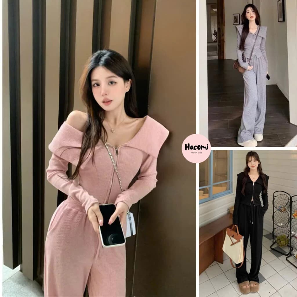 Set áo tăm cổ bẻ kèm quần ống suông, set áo tăm cổ bẻ cá tính năng động kiểu dáng hàn xinh