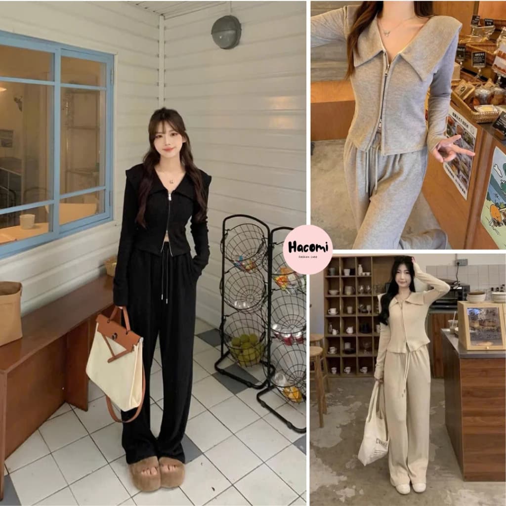 Set đồ nữ thu đông nỉ tăm dài tay khóa kéo, set áo quần xuông cổ nhọn kéo khóa chất tăm kiểu dáng hàn quốc