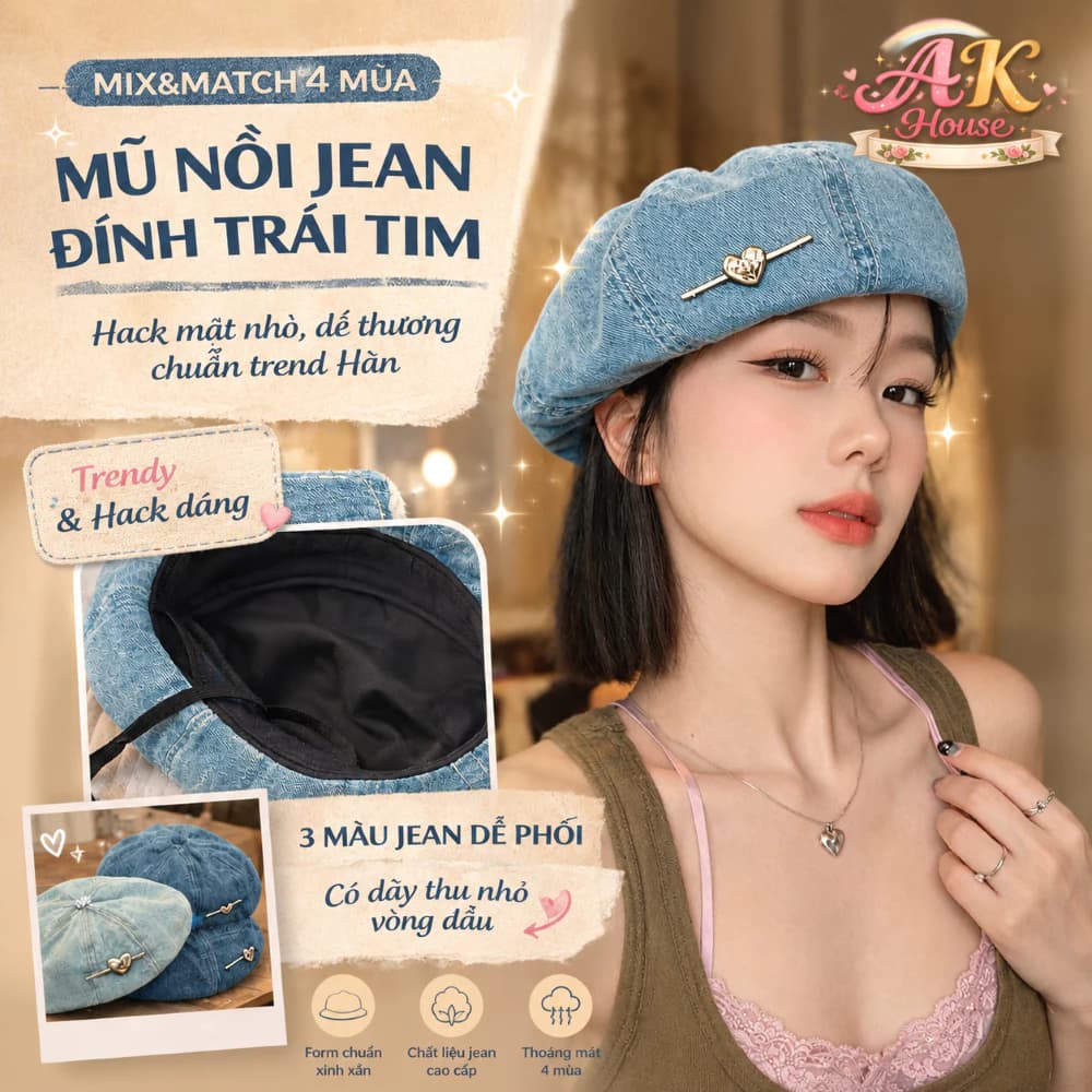 Mũ Beret Jean Nữ Charm Trái Tim MH9  – Mũ Nồi Hàn Quốc Dễ Phối Đồ, Hack Mặt Nhỏ, Form Mềm