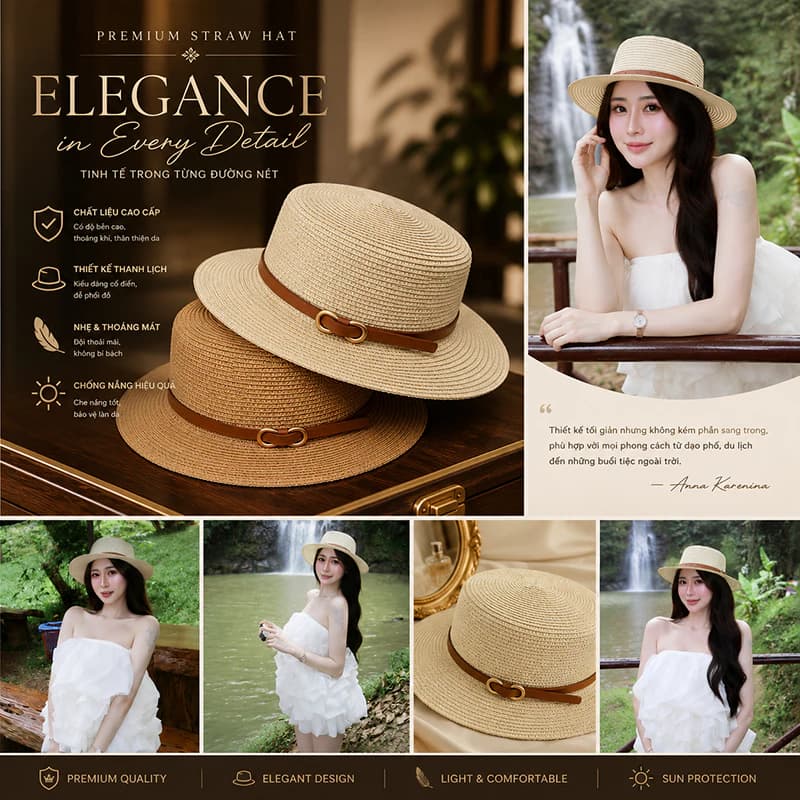 👒(TẶNG HOA ĐẠI) Mũ Cói Đi Biển Nữ Vành Rộng Form Phẳng Phong Cách Pháp Dây Da Khóa Cài Thanh Lịch Du Lịch Mùa Hè