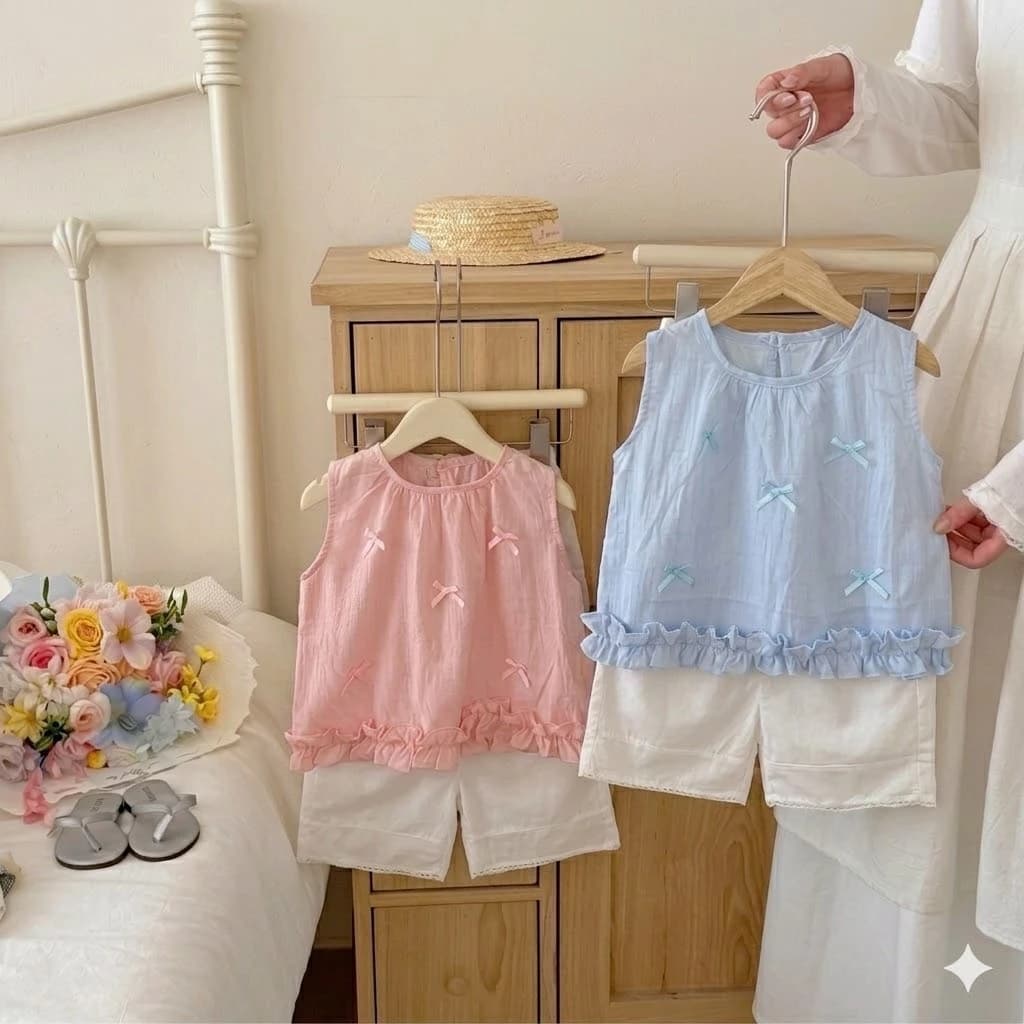 [8-18Kg] Set Bộ Áo Sát Nách Quần Ổng Rộng Bé Gái Đũi Xước Size Cho Bé Gái Đi Học Đi Chơi Xinh Xắn