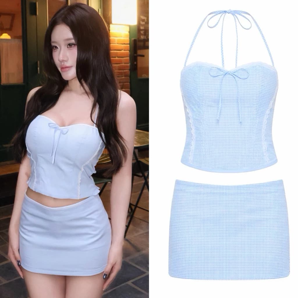 LUNARE - SET ÁO CỔ YẾM CARO MÙA HÈ XANH PASTEL – ÔM BODY, CÓ MÚT NGỰC, CHÂN VÁY MINI KÈM QUẦN BẢO HỘ