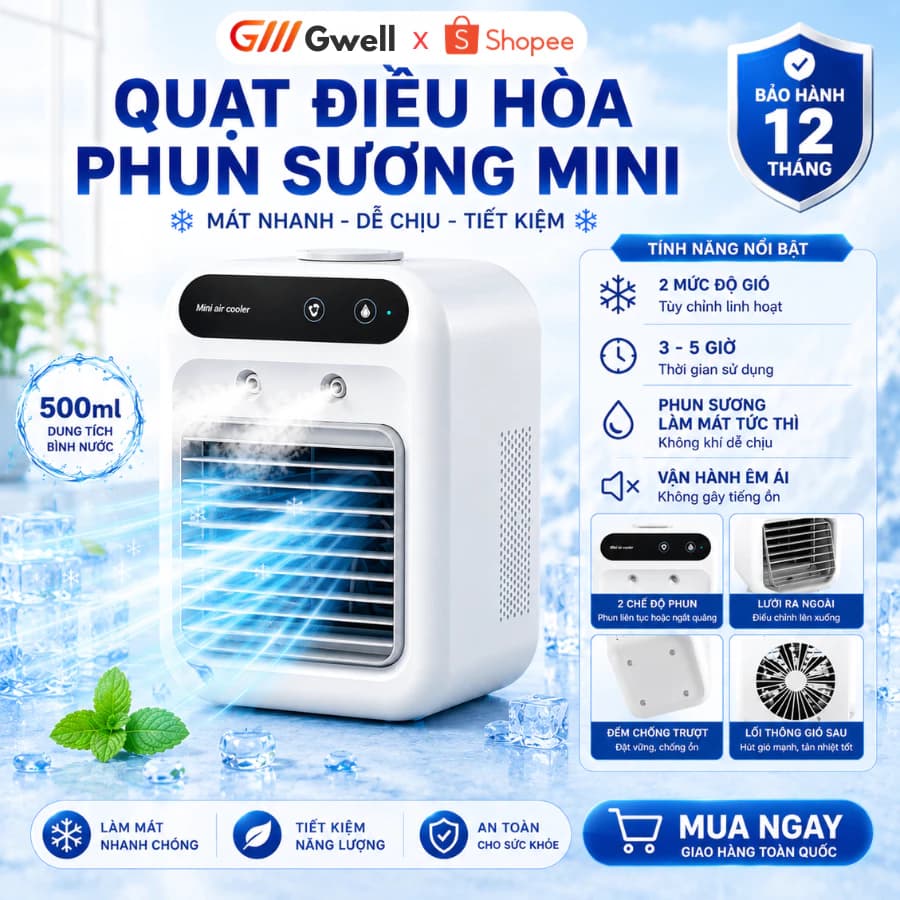 Quạt Điều Hòa Phun Sương Mini Dung Tích 500ml Quạt Hơi Nước 2 Chế Độ Phun Nước Làm Mát
