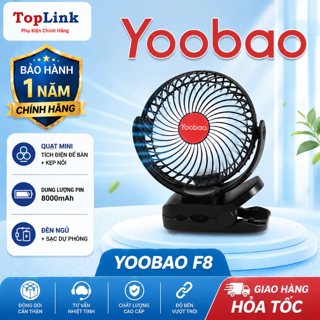 Quạt Kẹp Tích Điện Mini Để Bàn Yoobao F.8 Có Đèn Led Pin 8000mah Dùng 9-30h Liên Tục