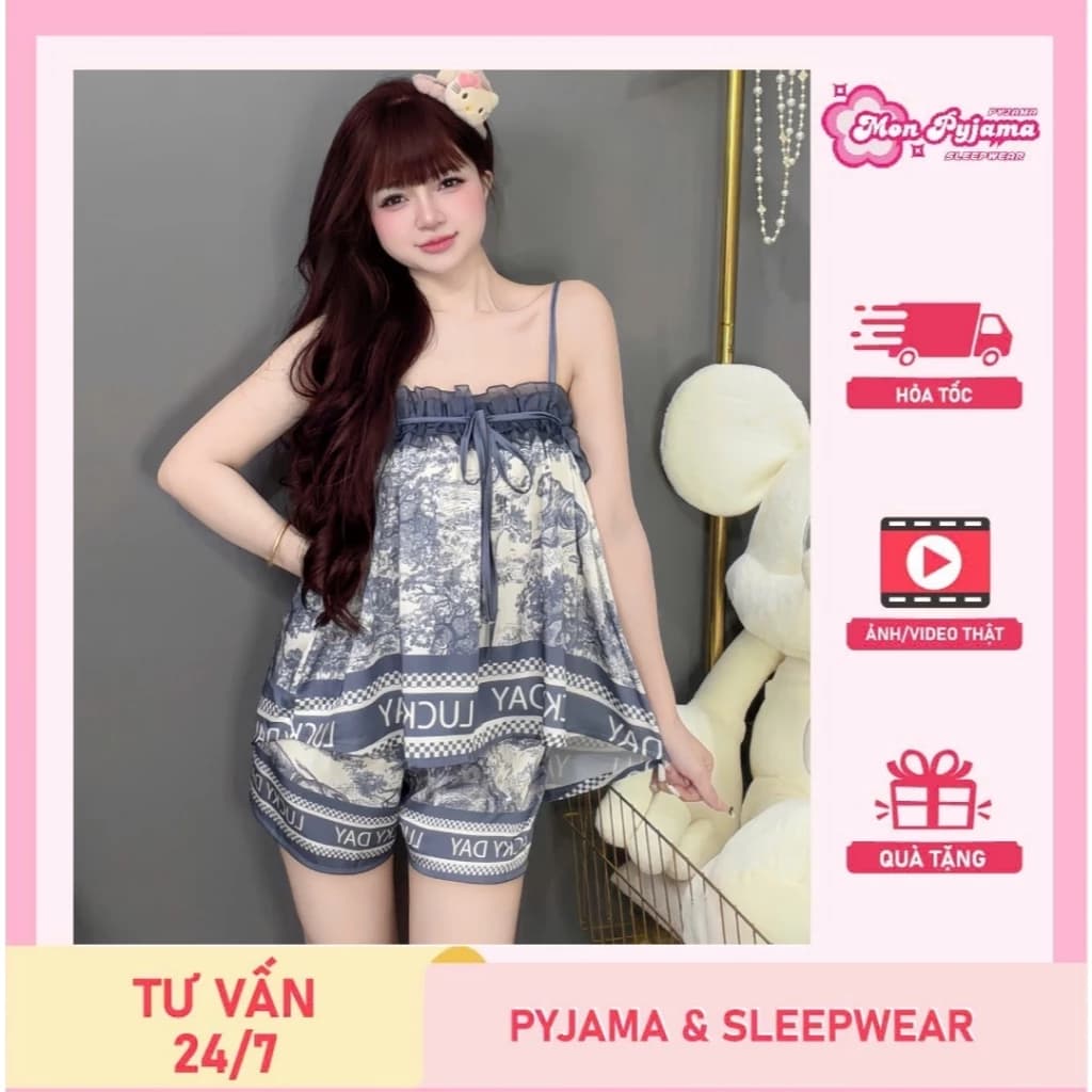 Đồ bộ ngủ dễ thương ,bộ tiểu thư ,đồ ngủ 2 dây đùi lụa Latin mềm mịn mát hoạ tiết dễ thương [120]