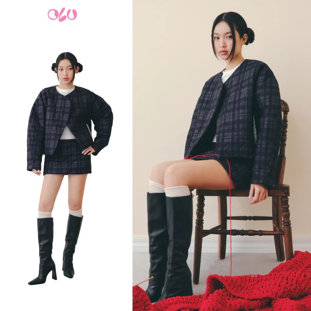 Set OLV áo khoác chần bông và chân váy ngắn Navy Kate Plaid Long Sleeves Set phù hợp thu đông