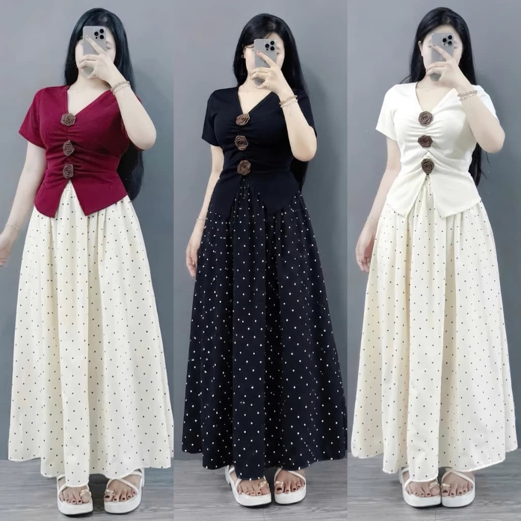Set Bigsize Nữ Nàng Thơ (CÓ LẺ ÁO/VÁY) Áo Cổ Tim Đính Hoa Kèm Váy Dài Chấm Bi A275 CV422
