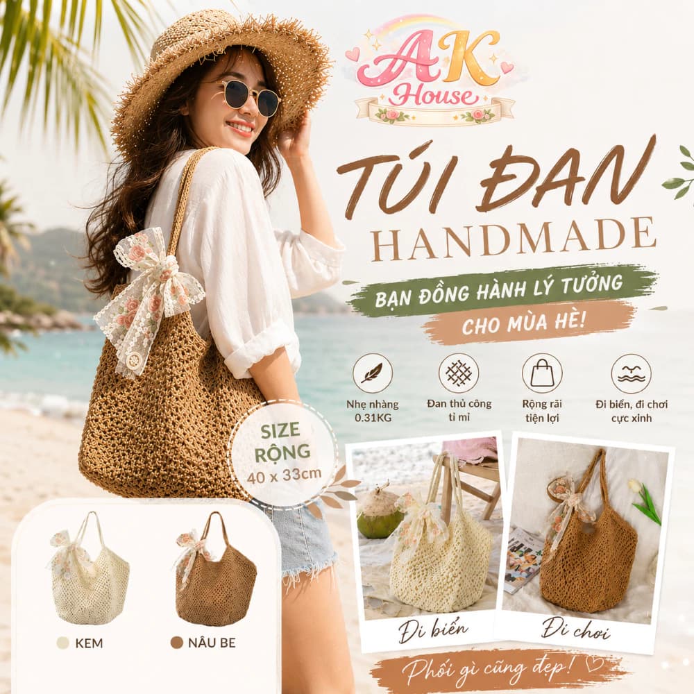 Túi Đan TUC2 Handmade Nữ Đi Biển Vintage Hàn Quốc – Túi Tote Cói Đeo Vai Nhẹ Xinh, Phối Đồ Cực Đẹp