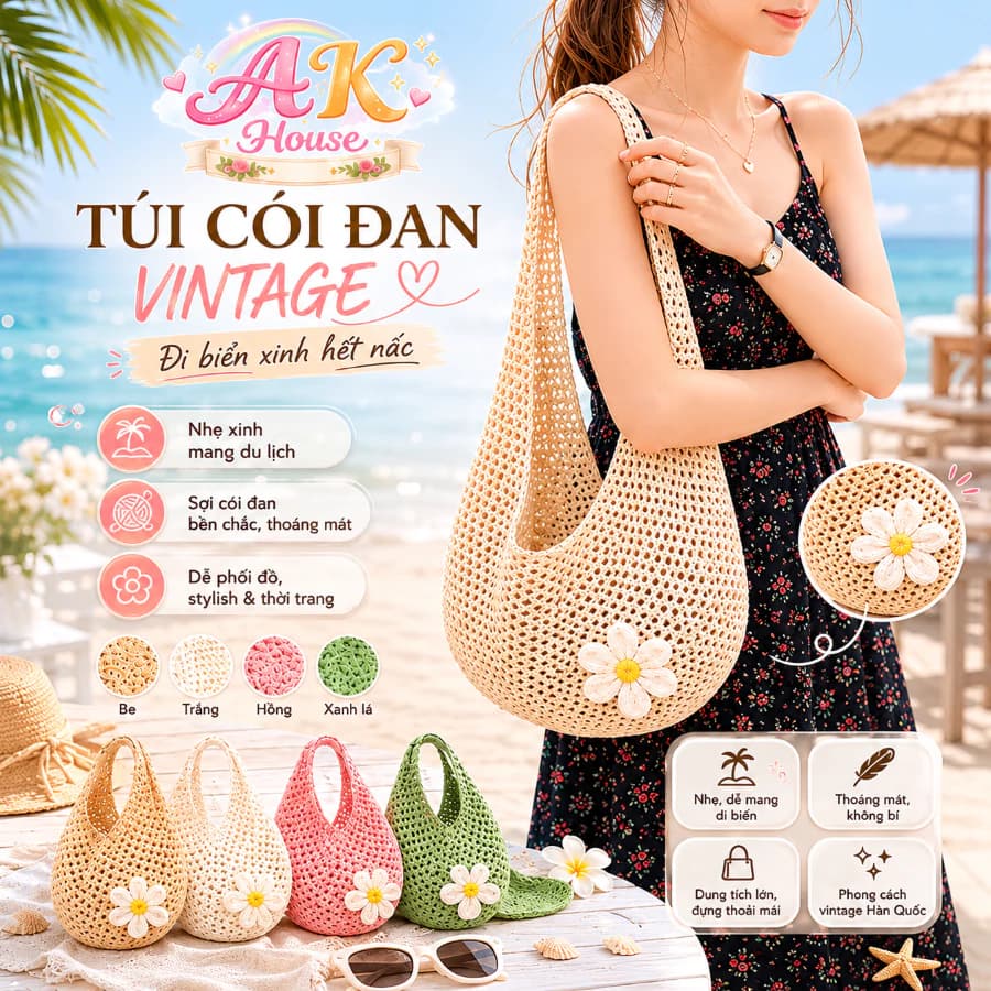 Túi Cói Đan TUC1 Vintage Hoa Cúc Đeo Vai Nữ – Túi Lưới Đi Biển, Du Lịch Nhẹ Xinh, Dễ Phối Đồ