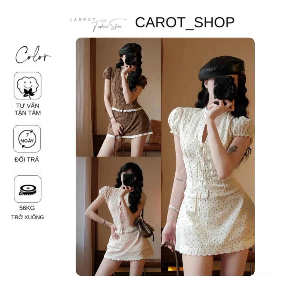 VN111 Set áo chấm bi cổ sơ mi thắt dây + chân váy chữ A basic dễ mặc by CarrotShop