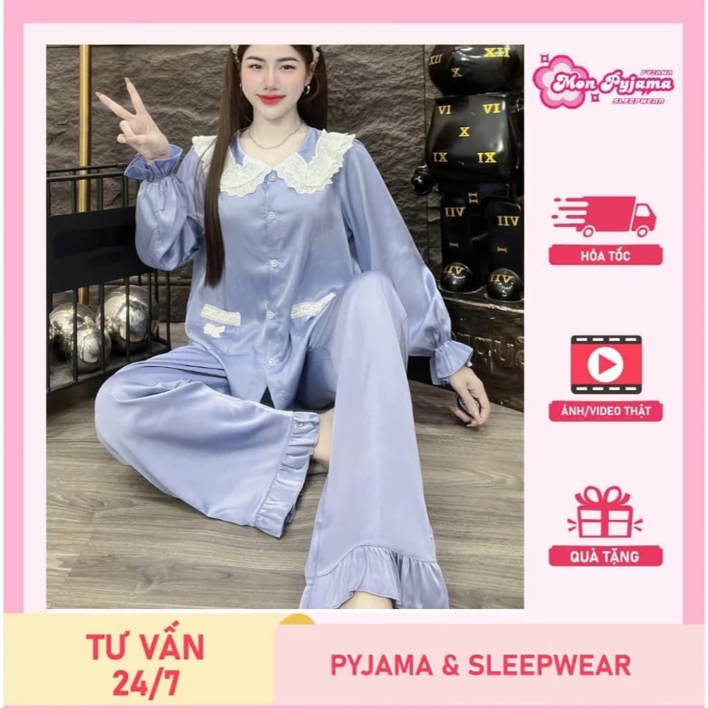 Đồ bộ nữ đồ mặc nhà, đồ ngủ đẹp cho nữ, đồ dài tay lụa mịn phối ren bèo họa tiết nơ dễ thương [410].