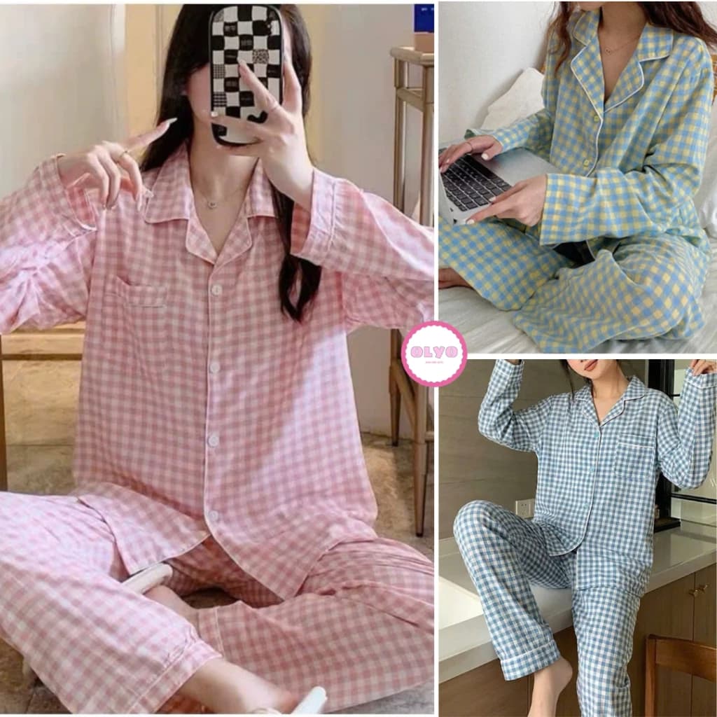 Bộ pijama caro  nữ tay dài viền, bộ ngủ nữ chất vải đũi nhăn mát mịn họa tiết caro