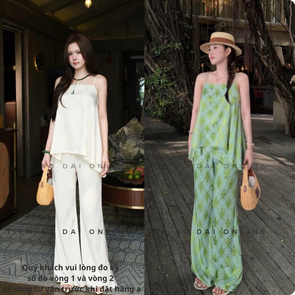Set Bộ Lụa 2 Dây Suông Rộng Nữ Cao Cấp – Quần Ống Rộng Sang Chảnh Đi Biển, Du Lịch Hot Trend