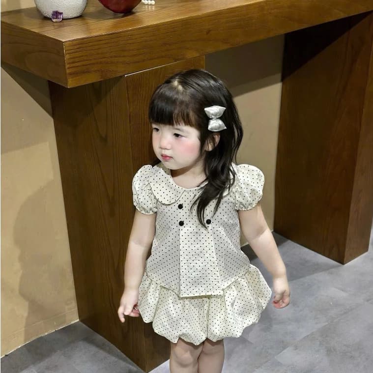 Set Áo Babydoll Cổ Sen Và Chân Váy Bí Chấm Bi Hồng Cao Cấp Xinh Xắn Đáng Yêu Dánh Cho Bé Gái 8-22Kg