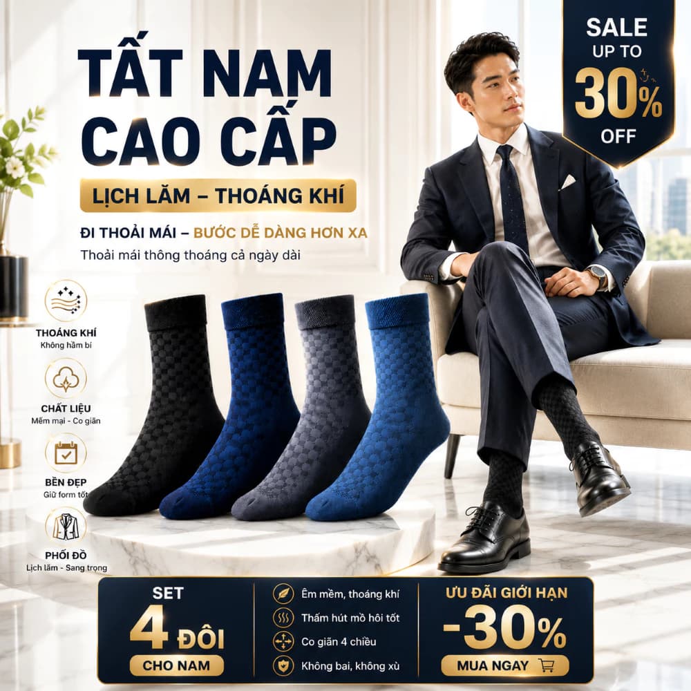 Tất Nam Cao Cấp 4 Màu TN7 Công Sở – Cotton Thoáng Khí, Co Giãn 4 Chiều, Đi Giày Tây Lịch Lãm