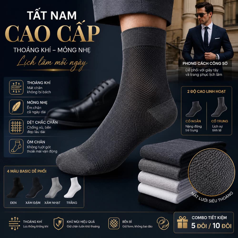 Tất lưới nam mùa hè thoáng khí TN3 chống mồ hôi chân co giãn tốt phù hợp đi giày thể thao giày da mọi lứa tuổi