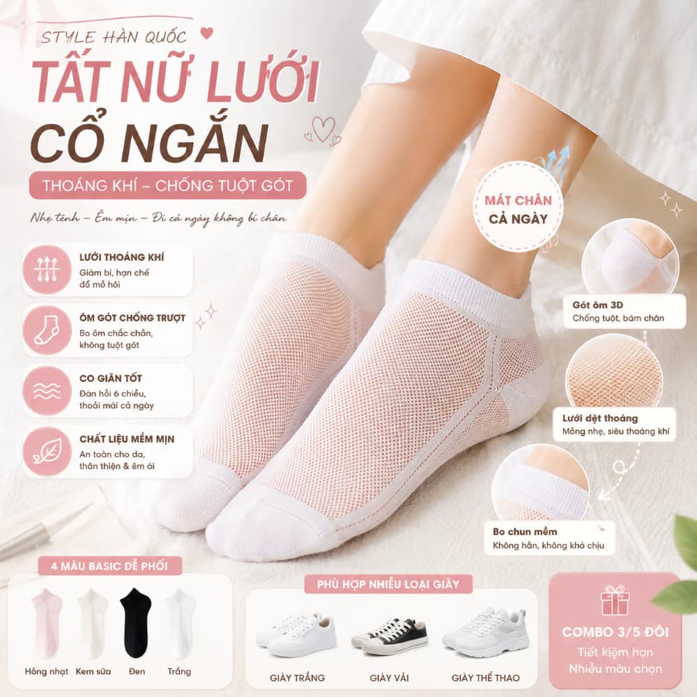 Tất Chân Nữ Lưới Cổ Ngắn TH2 Thoáng Khí, Tất Mỏng Chống Tuột Gót, Vớ Cotton Êm Chân Co Giãn