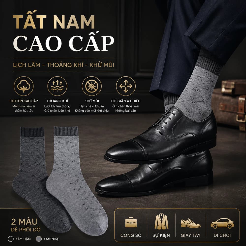 Tất Nam Cao Cấp TN8 Cotton Co Giãn 4 Chiều Khử Mùi Thoáng Khí Đi Giày Tây Công Sở
