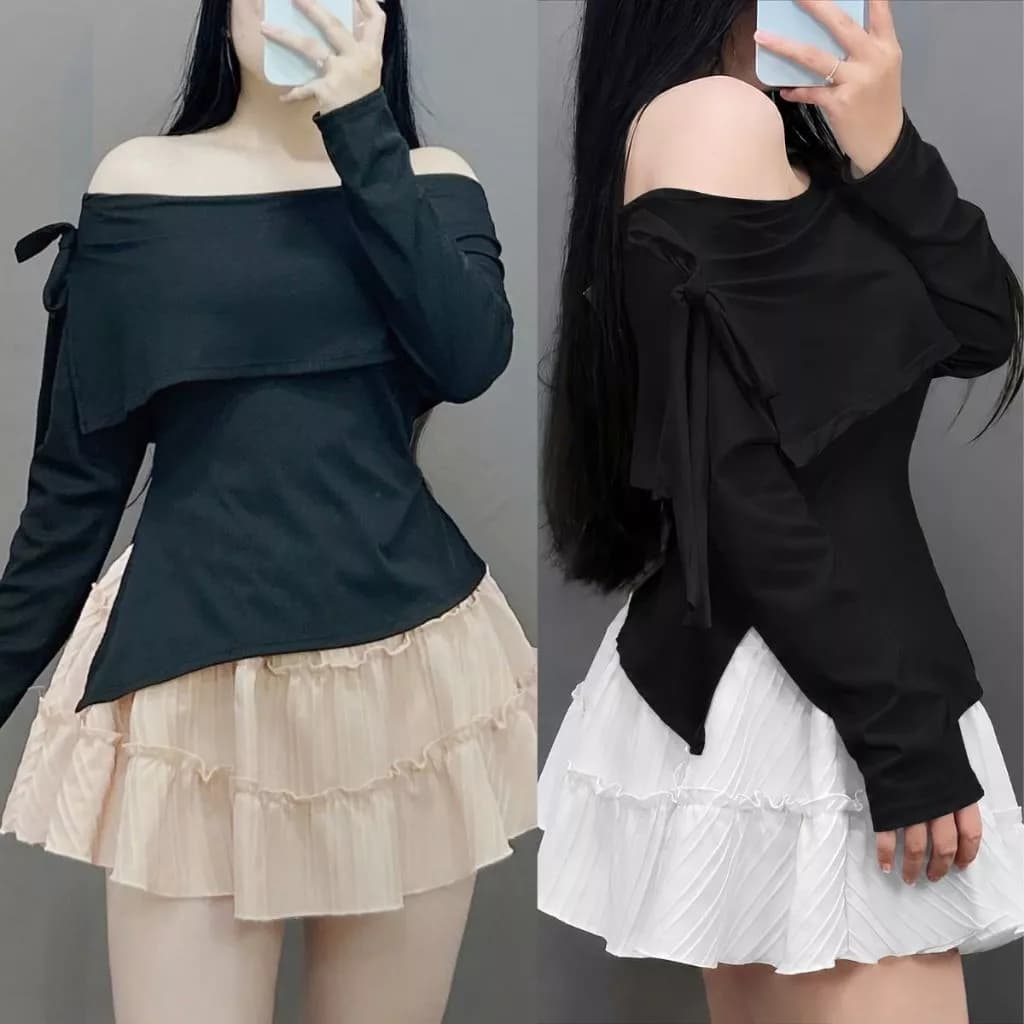Set tiểu thư bigsize nữ áo trễ vai tay dài vải tăm kèm chân váy xòe chất xốp đũi xinh xắn cho các chuppy SET942