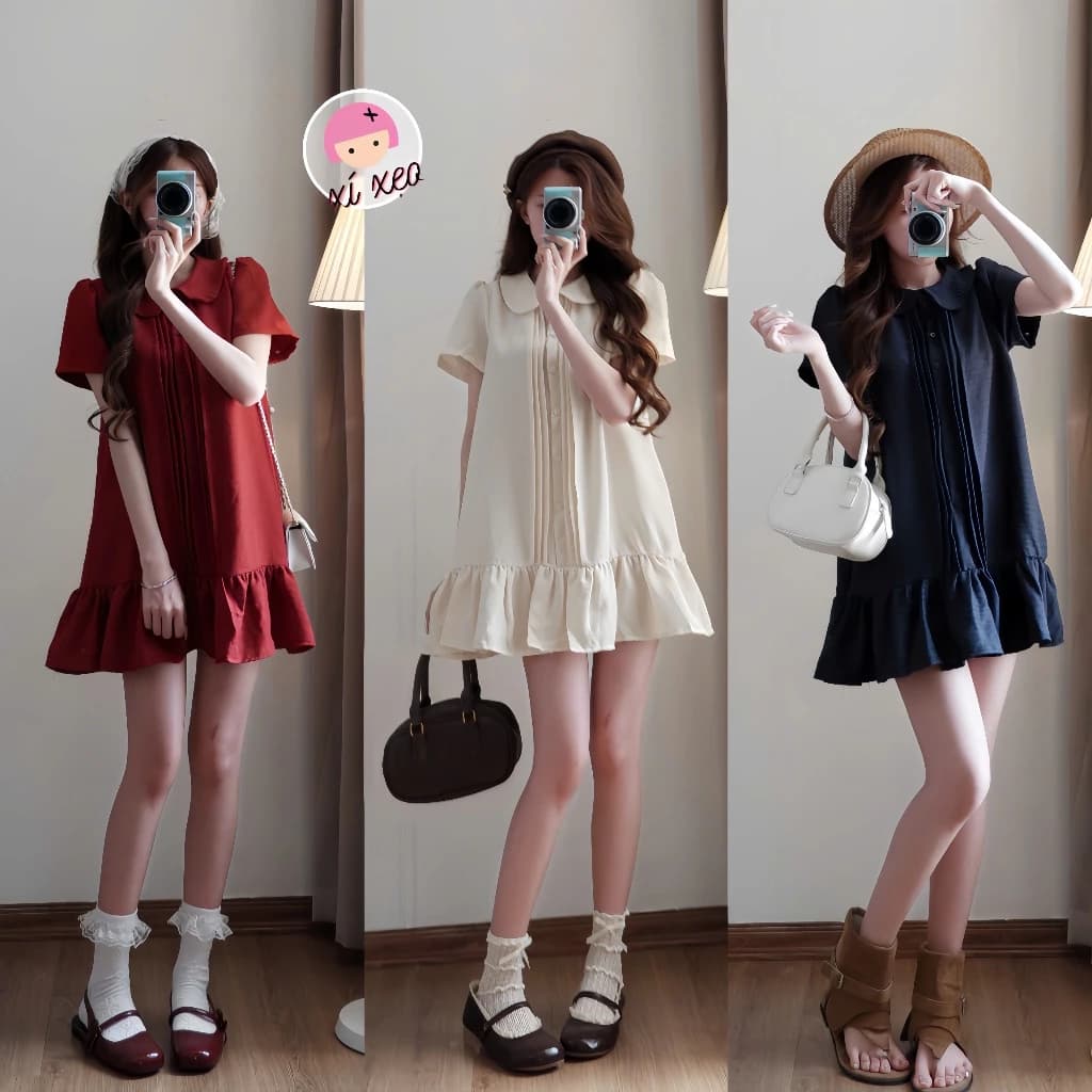 Váy babydoll XIXEOSHOP thắt eo xếp ly  nhẹ nhàng dáng xòe - V239