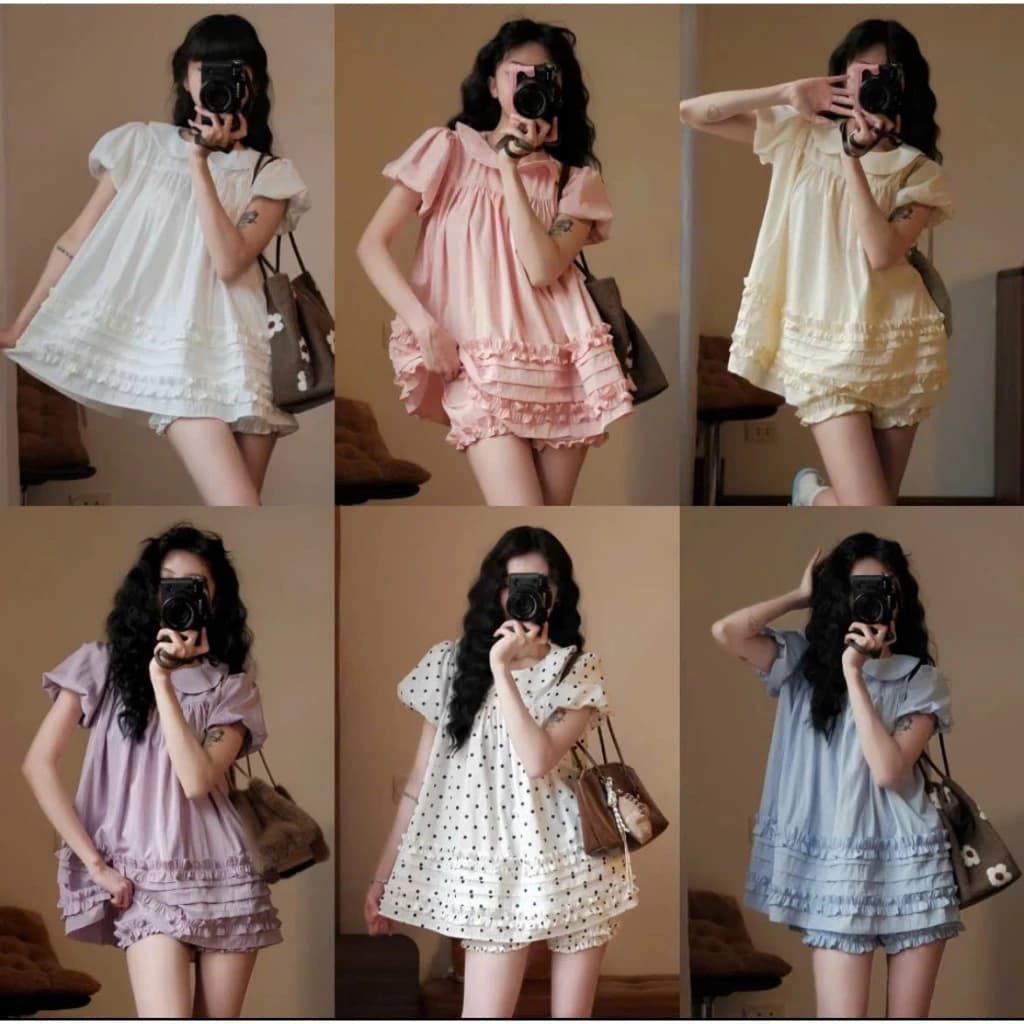 Áo Váy Babydoll Cổ Sen 2 Lớp Form Rộng Gấu Viền Bèo Kèm Quần Bí Phồng Bo Chun Mặc Đi Chơi Đi Biển Siêu Xinh JOOLATE