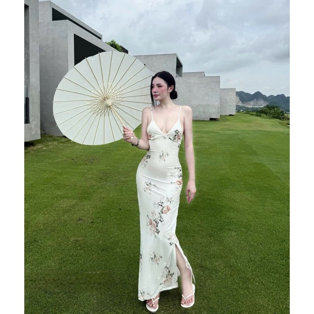 Váy hoa 2 dây body dáng dài đuôi cá đầm 2 màu tôn dáng đi chơi đi du lịch V41