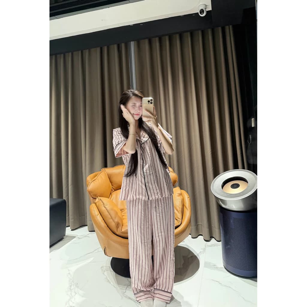 ( CỘC TAY - QUẦN DÀI ) Set bộ pijama ĐƯỜNG KẺ ĐỎ nhiều sọc thú vị mềm mại ChunChun