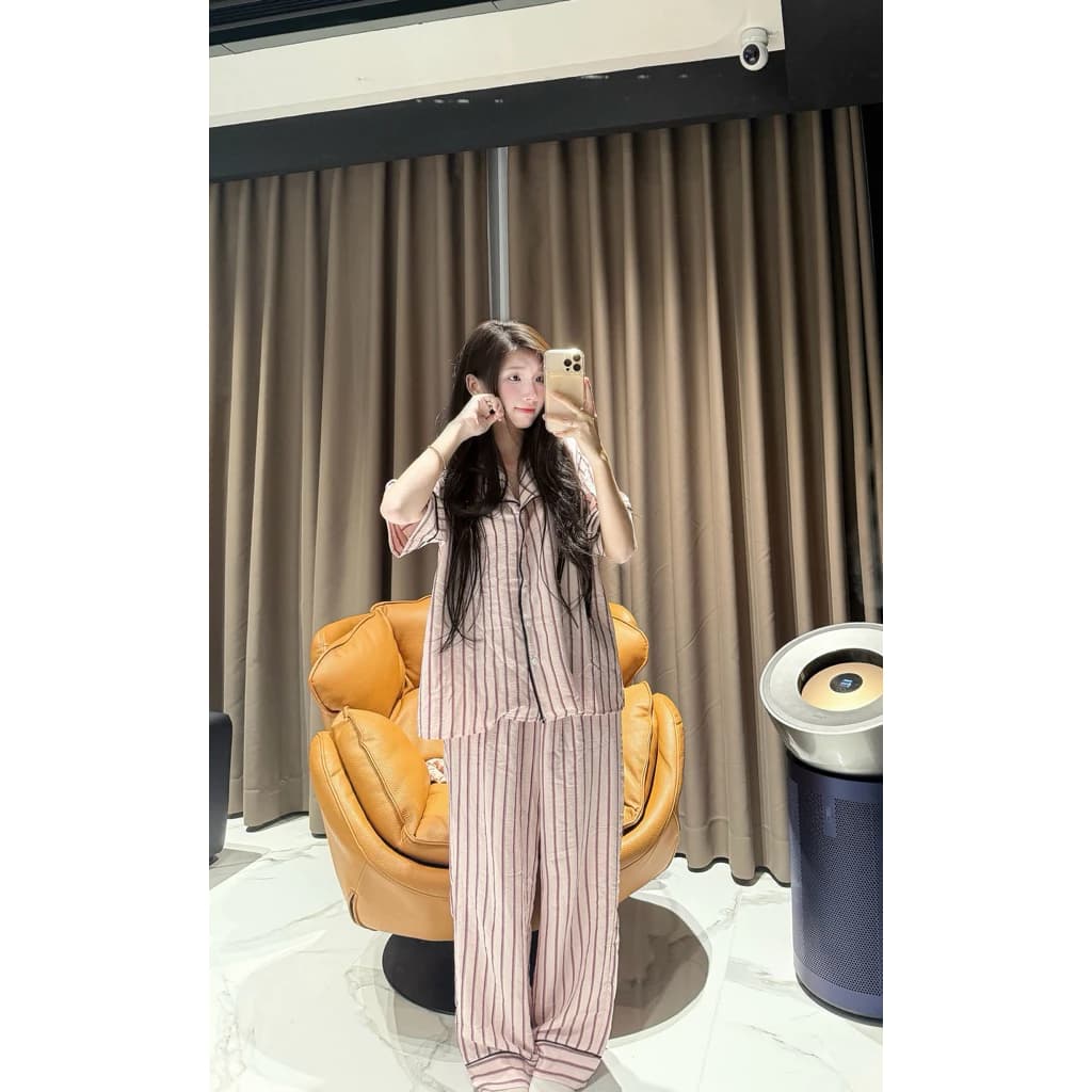 ( Ảnh thật tự chụp ) Set bộ pijama CỘC DÀI đường kẻ đỏ nhiều sọc thú vị mềm mại By Chun