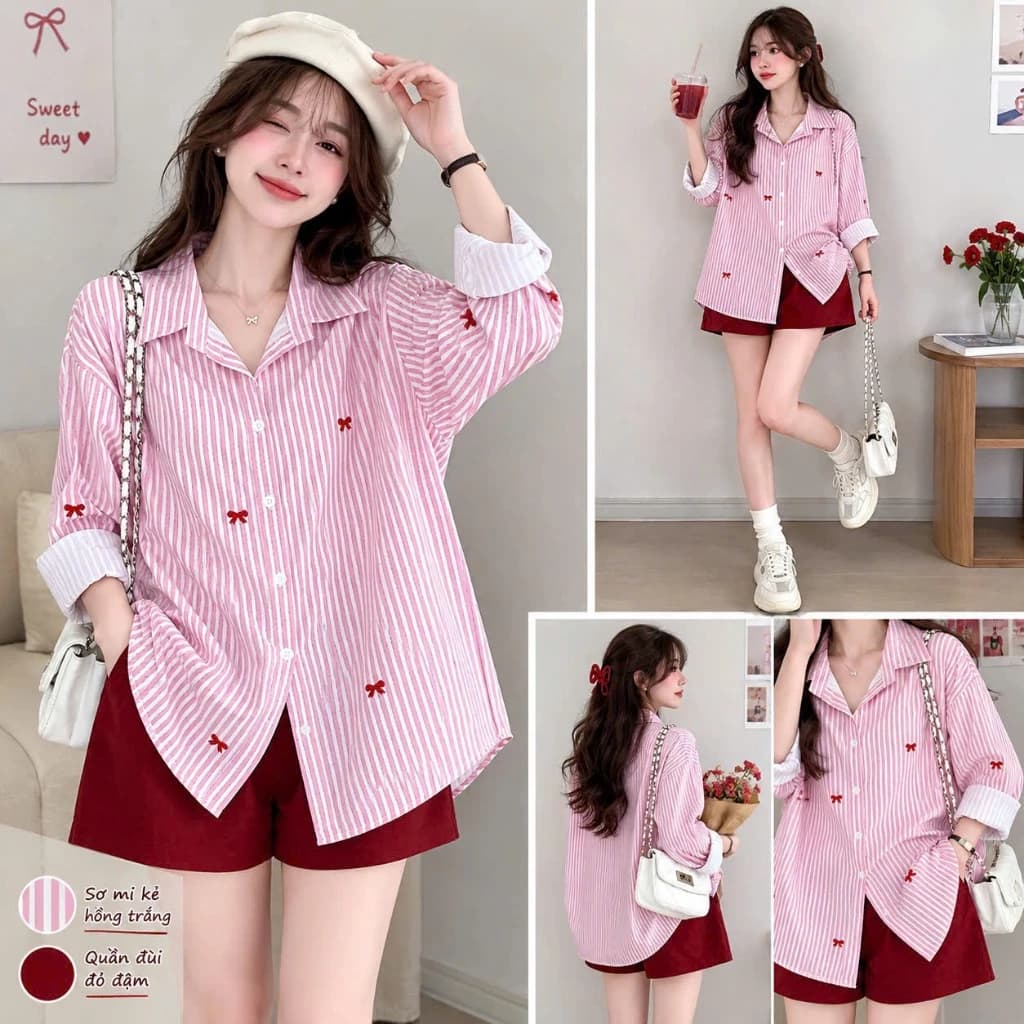Set Đồ Bigsize Nữ Áo Sơ Mi Sọc Họa Tiết Nơ Kèm Quần Đùi Nữ Lên Phom Cá Tính SET975