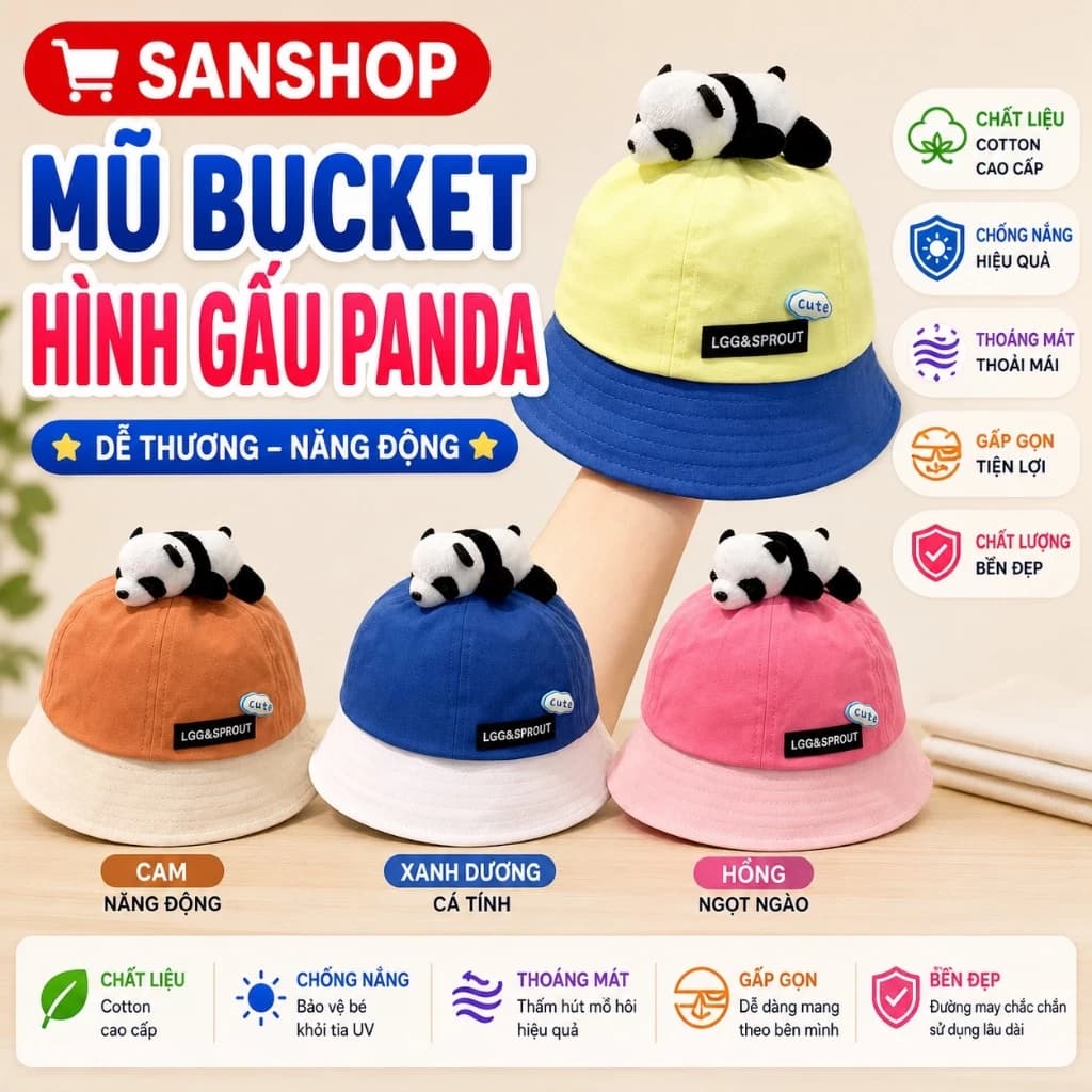 Mũ Bucket Hình Gấu Trúc 3D Dễ Thương Cho Bé 8 Tháng 2 Tuổi Nón Chống Nắng Vành Rộng Sanshop