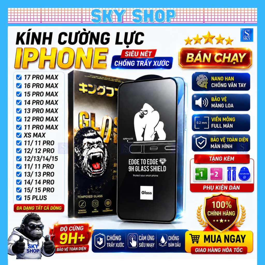 Cường lực KingKong iphone 16 Pro Max 17 ProMax 17 Air 18 ProMax 14 ProMax 15 13 12 11 Pro Max xsmax x xs r 7 8 Plus