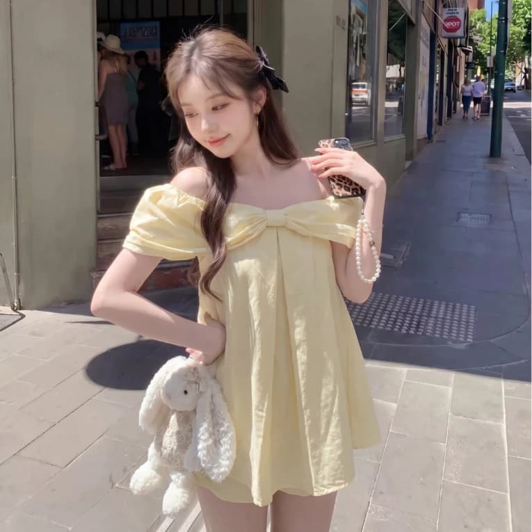 Set áo babydoll trễ vai nơ ngực kèm quần phong cách ulzzang Hàn Quốc 24FebStudio SET97