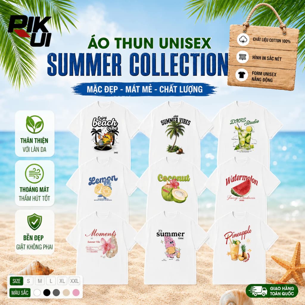 Áo Thun Unisex Mùa Hè Form Thường Chất Cotton Mềm Mát Mặc Đi Biển Đi Chơi PIKKRUI