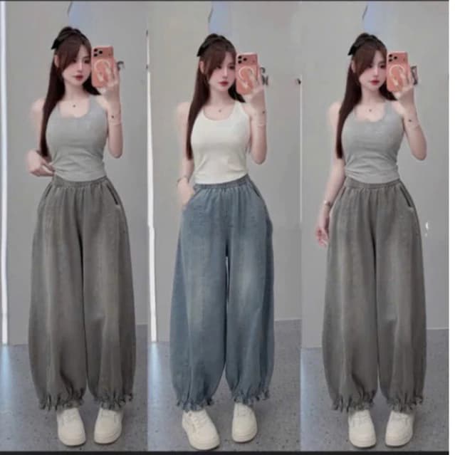 Quần jeans suông dáng bom vải jeans giấy mềm mát có bèo gấu trẻ trung năng động