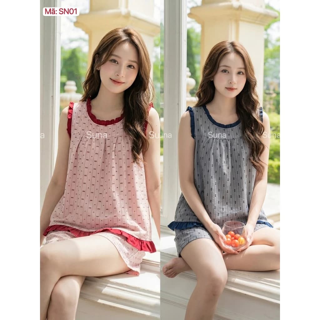 SN01 - Bộ Pijama Mặc Nhà Sát Nách Quần Đùi Phối Viền– Chất Đũi Mềm Mại, Thoáng Mát Mùa Hè