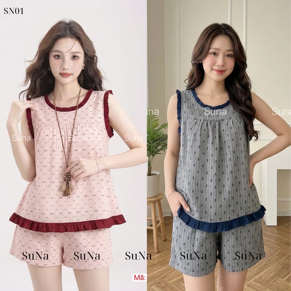 Bộ đồ Ngủ Pijama Nữ Sát Nách Quần Đùi Hoạ Tiết Mặc Nhà Mùa Hè - Chất Đũi Vân Mây C_15
