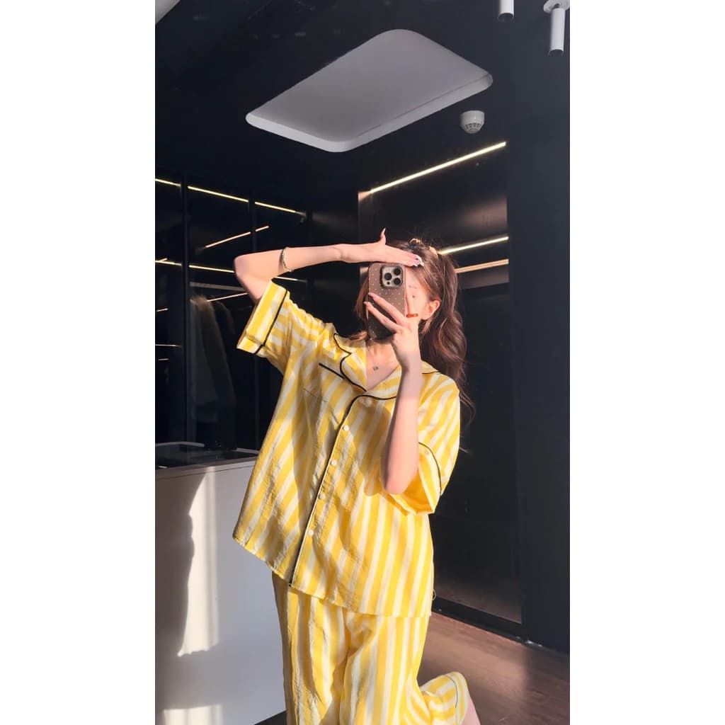 ( Ảnh thật tự chụp ) Set pijama CỘC DÀI KẺ CẦU VỒNG viền né chất mềm By Chun