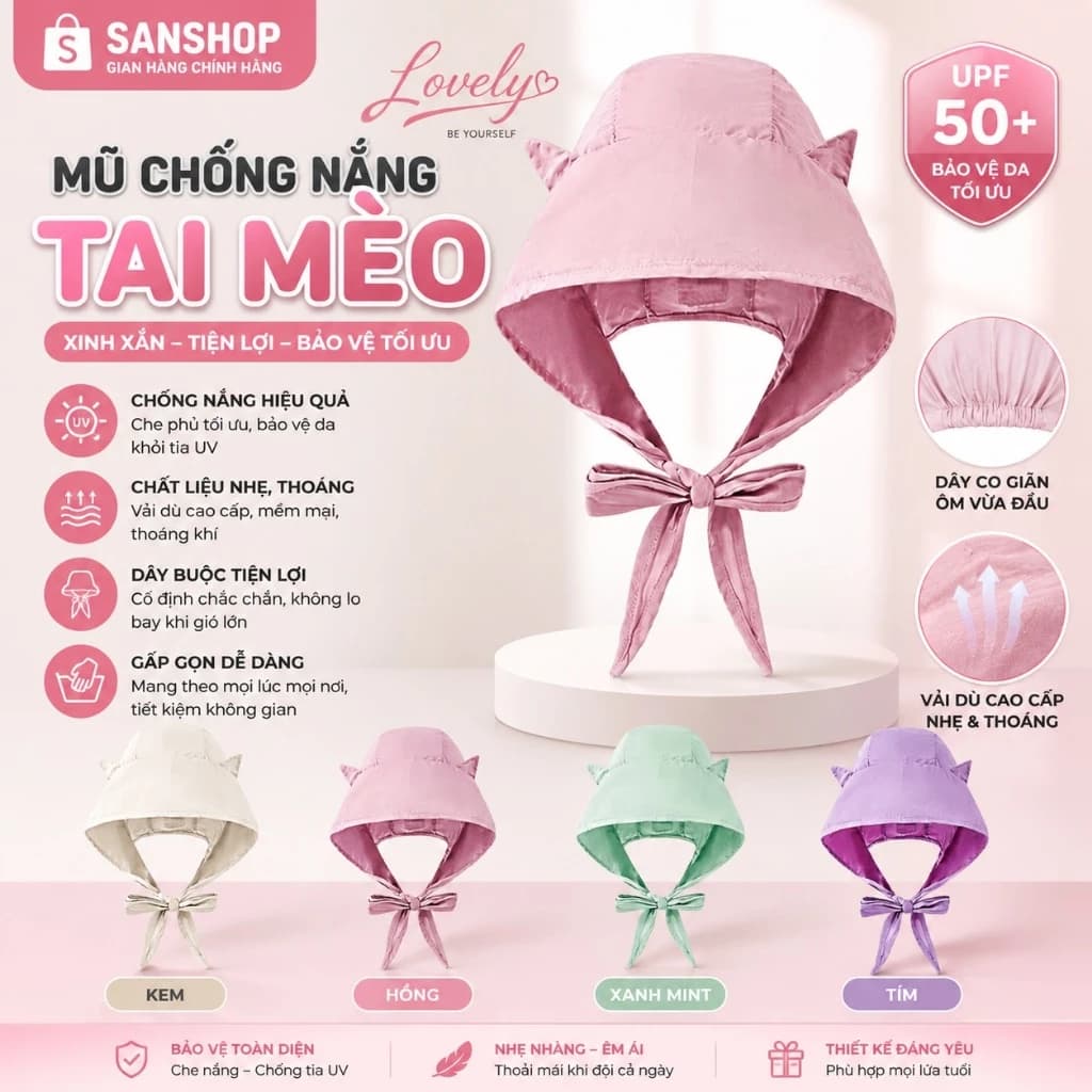 Mũ Trùm Đầu Tai Mèo Đa Năng 3In1 Gồm Khăn Choàng Và Túi Đeo Chéo Kiểu Chống Nắng Vải Dù Sanshop