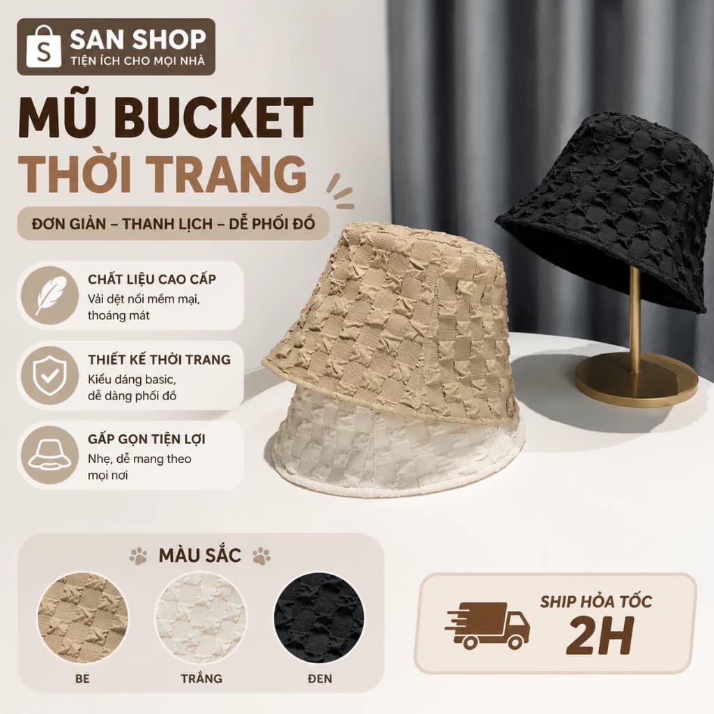 Mũ Bucket Nữ Cao Cấp Vải Nổi 3D Form Đẹp Nón Vành Thời Trang Hàn Quốc Chống Nắng Sanshop