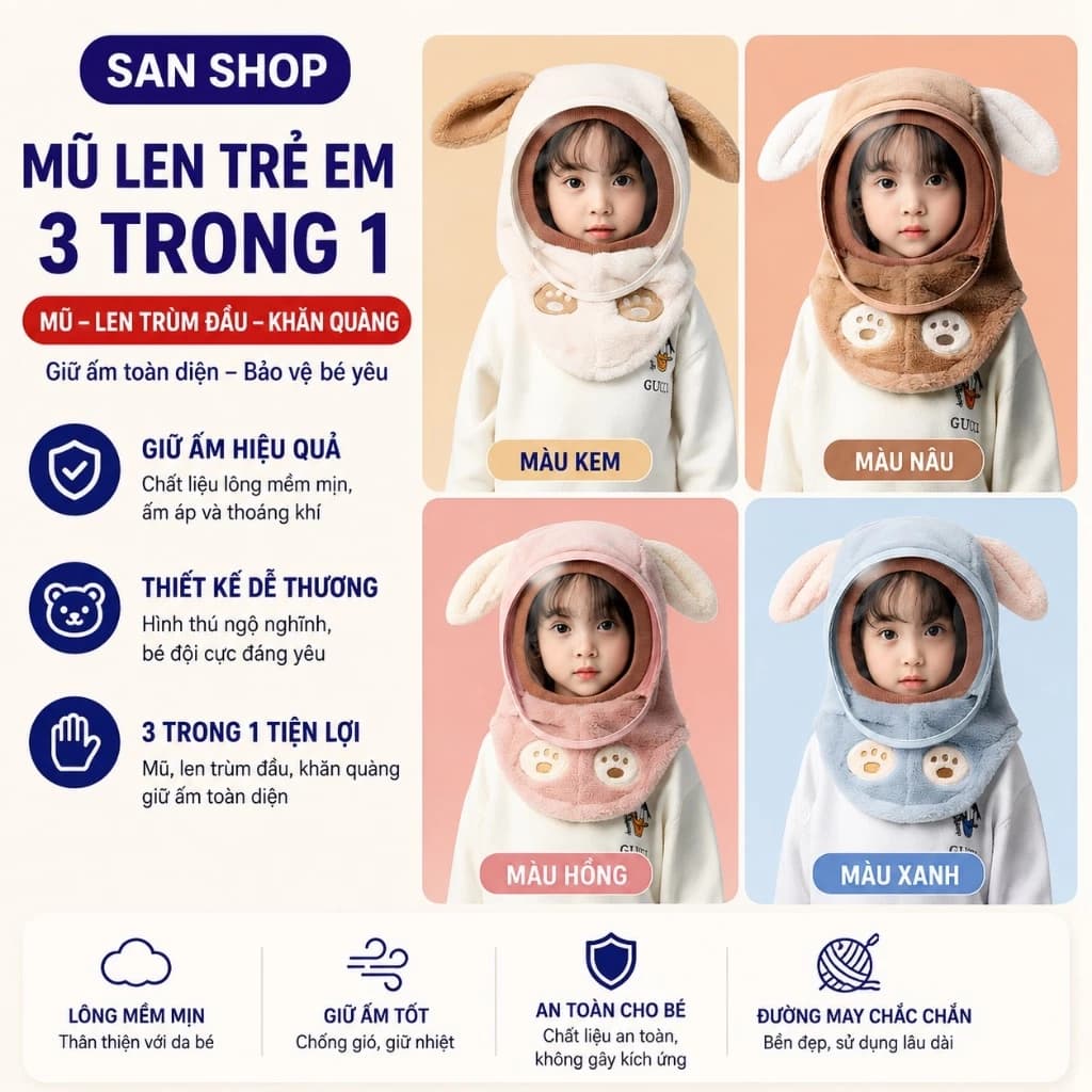 Mũ Lông Cừu Trùm Đầu Kèm Kính Chắn Gió 3 Trong 1 Cho Bé 2 12 Tuổi Giữ Ấm Chống Bụi Sanshop