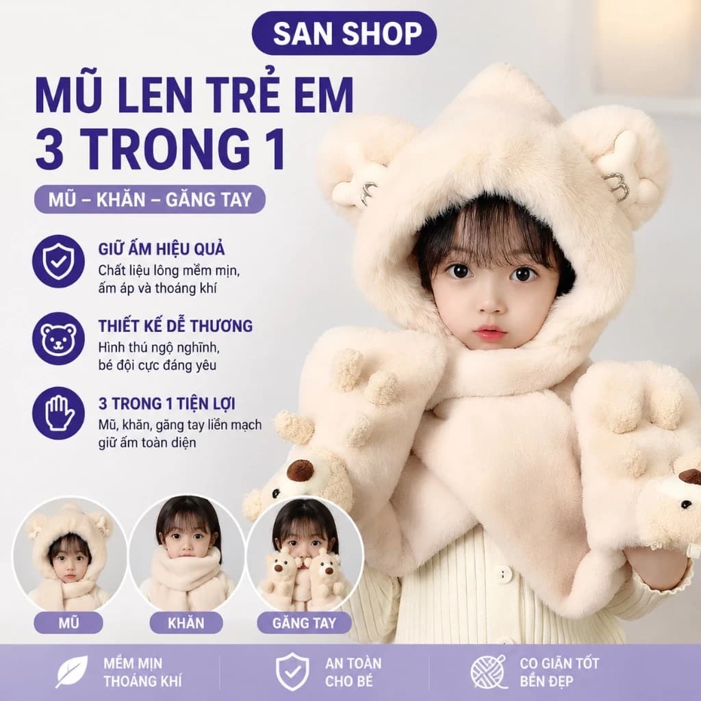 Mũ Lông Tai Gấu Cho Bé Kèm Khăn Quàng Cổ Găng Tay 3In1 Giữ Ấm Mùa Đông Dễ Thương Sanshop
