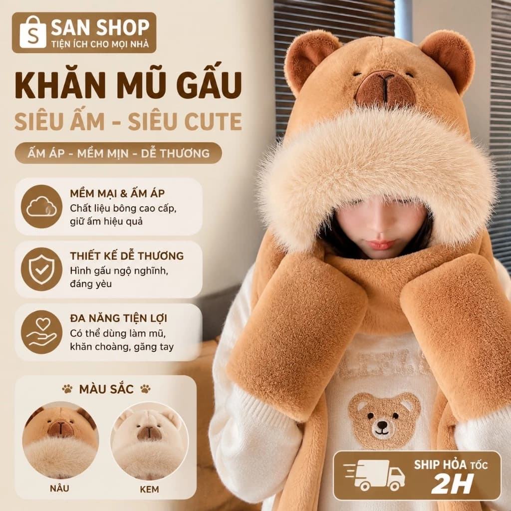 Set Mũ Khăn Găng Lông Thỏ Lele Giữ Ấm Mùa Đông Đi Học Làm Du Lịch Mềm Mịn Cao Cấp Sanshop