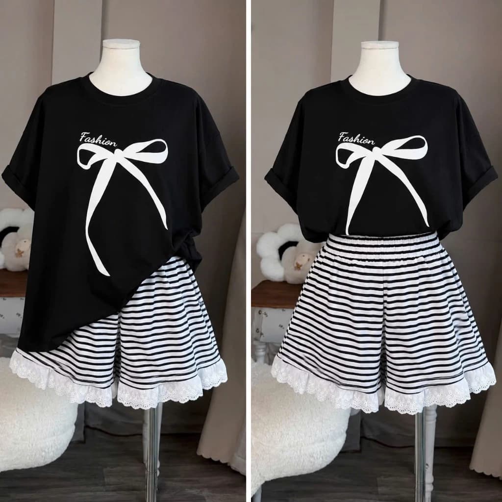 Set Bigsize Nữ Áo Phông Phom Rộng In Hình Nơ Fashion Kèm Quần Đùi Viền Ren Bèo Dễ Thương - (A359+Q578)