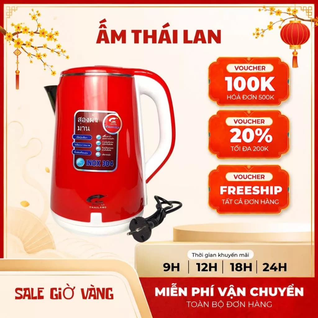 Ấm Siêu Tốc JIPLAI THÁI LAN Cao Cấp 2.5L, Ấm Đun nước 2 Lớp Loại Lớn, Nồi Đun Nươc Tiện Lợi