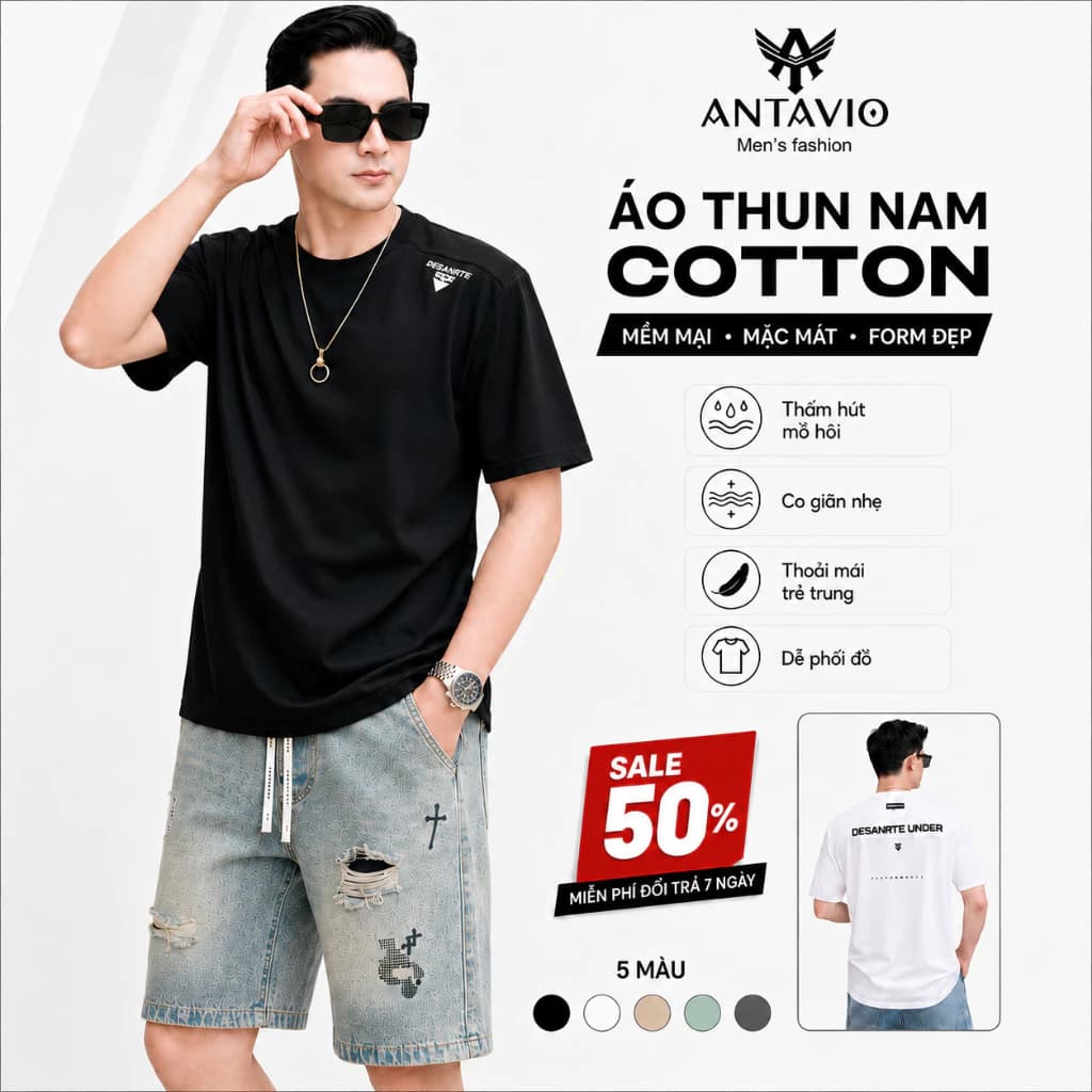 Áo Phông Nam  ANTAVIO Chất Liệu Vải Cotton Mềm Mại Thiết Kế Cách Hàn Quốc M-3XL 40-90KG APN 3795